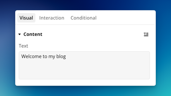 The element property editor of a text element showing a hard-coded text as its content to display.